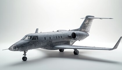 3D wireframe model of private jet. Aircraft design engineering, aviation tech concept. Futuristic jet plane showing luxury, modern transport. Aerospace industry. Jet engine, wing, landing gear,