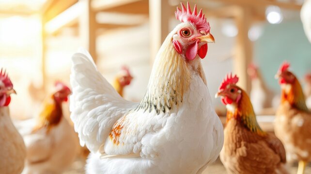 A group of chickens, featuring a prominent white hen in the foreground, basking in warm light within a vibrant farm setting.