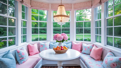 Fototapeta premium A bright and elegant sunroom with cozy seating and a garden view