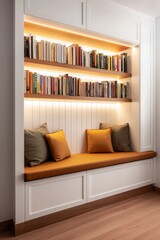Home improvement with renovation trends concept. Cozy reading nook featuring a built-in bookshelf, warm lighting, and comfortable cushions for relaxation.