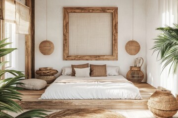 Stylish bohemian bedroom mockup featuring beach elements.