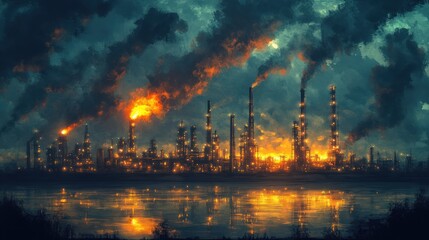 Fototapeta premium Industrial Plant at Dusk with Pollution, Riverfront