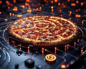 A glowing digital pizza with pepperoni on a circuit board surface