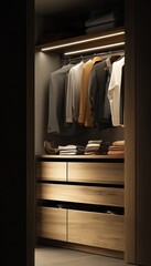 Well-organized closet with wooden drawers and hanging clothes, illuminated by LED lights.  Provides ample storage.