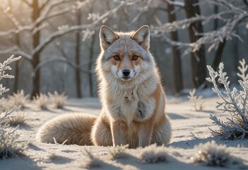 Obraz premium A red fox sits serenely in a snowy, frosted landscape