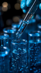 Close Up Blue Liquid Transfer In Test Tubes