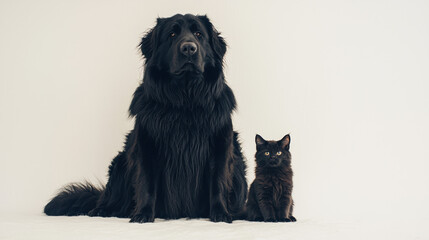 Obraz premium White background, one big black dog and one little black cat, sitting and looking on camera