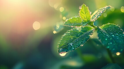 Young Plant In Growing With Water Drop In Green