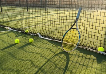 Tennis racket and ball on green background. Flat lay. Sports equipment