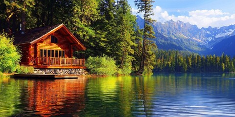Fototapeta premium Serene natural landscape featuring water and a rustic cabin.