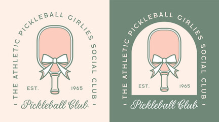 Pickleball social club girls logo badge sticker for athletic girlies training squad women shirt design. Pickle ball paddle with bow ribbon preppy coquette retro pink green aesthetic printable quotes.