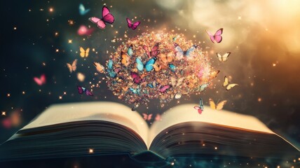 Brain made of butterflies emerging from book, vibrant digital art symbolizing freedom of knowledge. Human brain grows from a book