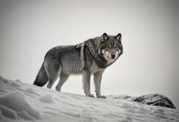 Obraz premium A gray wolf stands alert on a snowy hillside