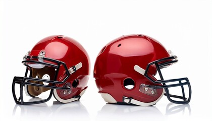 Fototapeta premium Set of red american football helmets isolated on white background. Generated image
