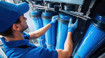 Technician skillfully cleans sediment from water filter system, ensuring purity with great care and attention to detail, feeling content