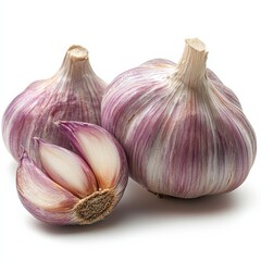 Obraz premium Natural garlic cut in half on white background. Generative AI