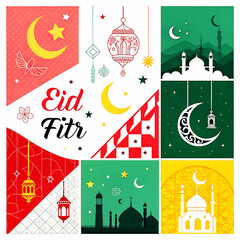 Eid al Fitr mubarak background and Eid Mubarak Ramadan Banner Design with crescent moon, mosque and lanterns and colorful elements.