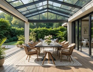 Beautiful composition of cozy terrace with big table, garden chair, plaid, plants in flowerpots, tableware, fruits in bowl, buns, brown tablecloth and personal accessories. Home decor. Template. 