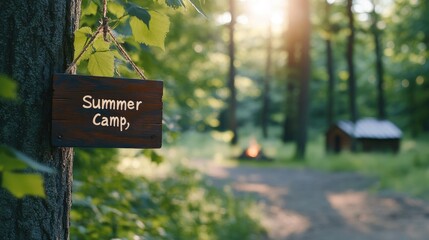 Forest path, summer camp sign, campfire, sunlight