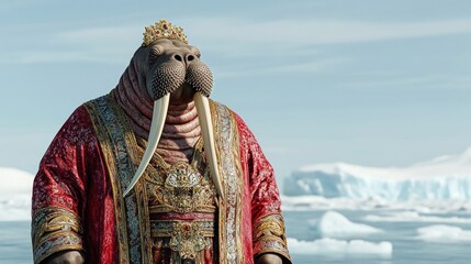 Obraz premium Majestic Walrus Monarch: A regal walrus in a rich red robe, adorned with golden embroidery and a crown, stands majestically before a serene arctic landscape.