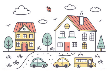 Fototapeta premium 46 Colorful hand-drawn city elements, simple doodle buildings, childlike urban sketches, cute houses with varied roofs, cartoon cars and buses, minimalist trees, cheerful town illustrations, primary c