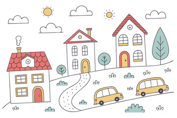 Obraz premium 46 Colorful hand-drawn city elements, simple doodle buildings, childlike urban sketches, cute houses with varied roofs, cartoon cars and buses, minimalist trees, cheerful town illustrations, primary c