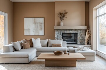 A sophisticated living room with warm neutral-toned walls, a soft gray sectional, and a modern stone fireplace, accented by a