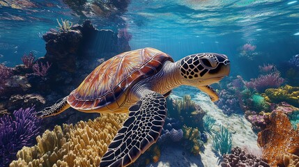 Majestic Sea Turtle in Vibrant Coral Reef