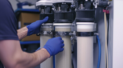 worker disassembles water filtration unit with care and precision, demonstrating expertise in process