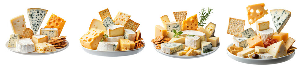 Diverse selection of cheeses including creamy brie crumbly blue cheese sharp cheddar and other flavorful dairy delicacies arranged on a wooden board with complementary crackers and garnishes
