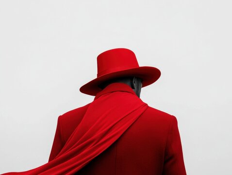 A figure in red, standing against a blank sky.