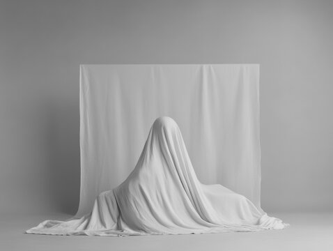 A figure shrouded in white fabric in a minimalistic scene.