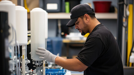 Side view of worker assembling part, looks focused on task and confident about achieving success in production line