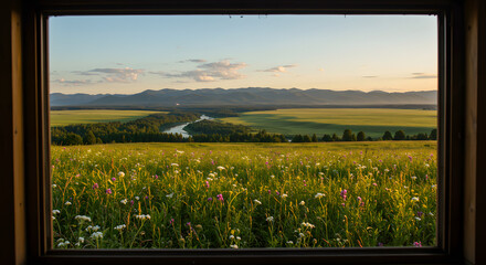 Serene Green Valley and River Viewed from a Window on a Peaceful Morning
