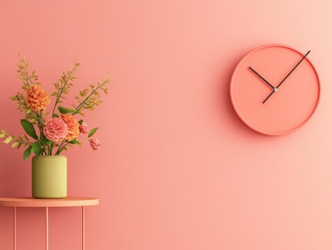 A serene wall with flowers and a clock.