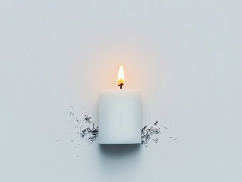 A serene white candle with a gentle flame.