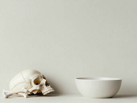 A skull beside a simple white bowl on a table.