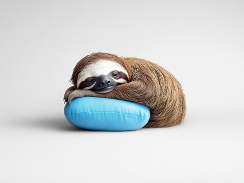 A sloth peacefully resting on a blue cushion.
