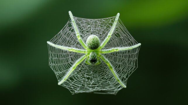 A vibrant green spider weaving its web.