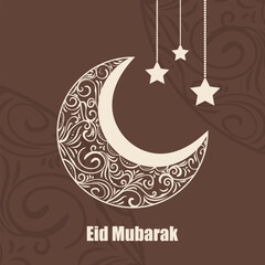 Eid Mubarak brown background with ornaments and ornaments floral crescent © Aikerim