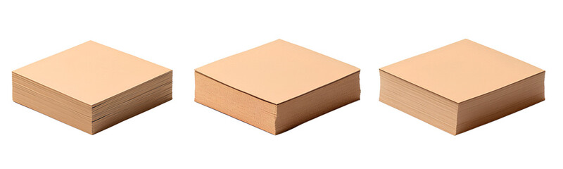 Three different angles of a stack of brown square papers, transparent background