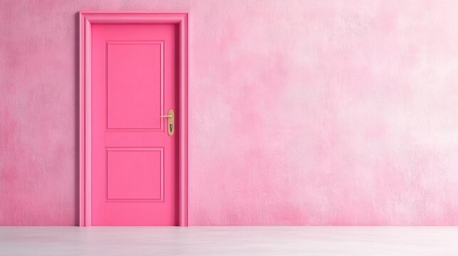 A vibrant pink door on a pastel wall.