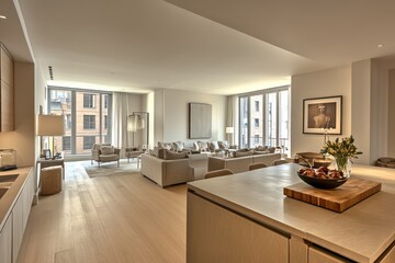 Fototapeta premium A spacious open-concept area where the kitchen transitions smoothly into the living room, featuring sleek countertops, light wood flooring, and