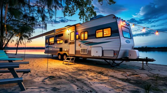Enjoy a peaceful evening by the water with a cozy camper trailer, gentle breeze, and soft glow of string lights illuminating the scene