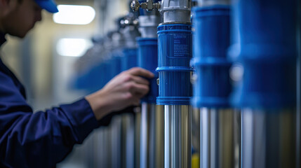 Technician inspecting multi stage water filtration system with focused expression. He ensures water purity and quality control