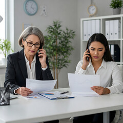 Fototapeta premium Professional businesswomen discussing financial reports over the phone in a modern office. Focused teamwork, corporate communication, and leadership in action.
