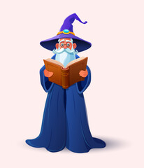 Old wizard with a magic book. Cartoon character. Vector illustration
