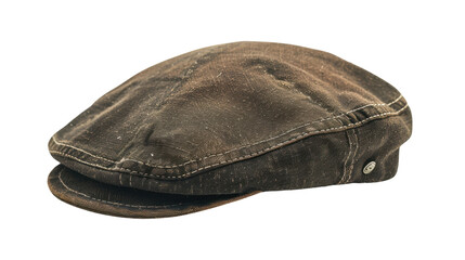 Old flat cap isolated on transparent background showing signs of wear and tear