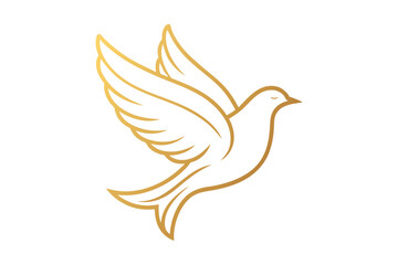 Elegant Gold Dove Flying Illustration, Bird Icon, Simple Golden Outline, White Background