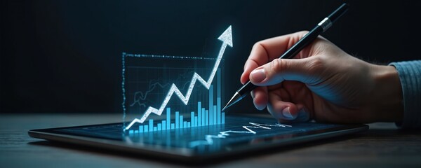 Hand draws growth chart with pen over digital tablet screen. Business graph shows financial progress, economic increase, ROI. Investment, finance, stock market concept.